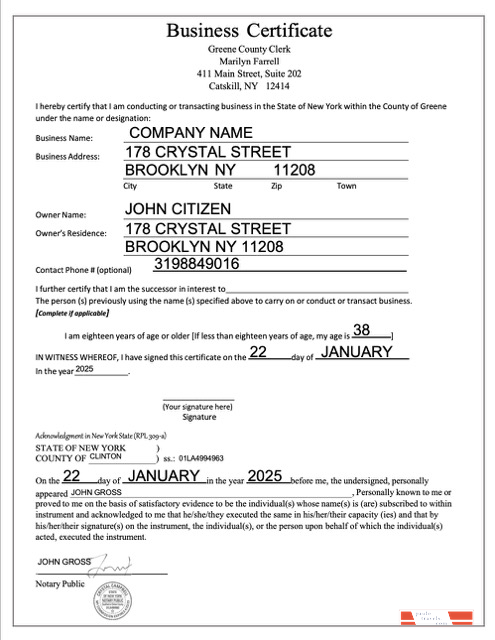 USA New York business certificate Word and PDF template
